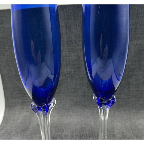 Cobalt Blue Glass Champagne Flutes Clear Tulip Ornate 4 Sided Stem Lot of 2 8" - Picture 1 of 11